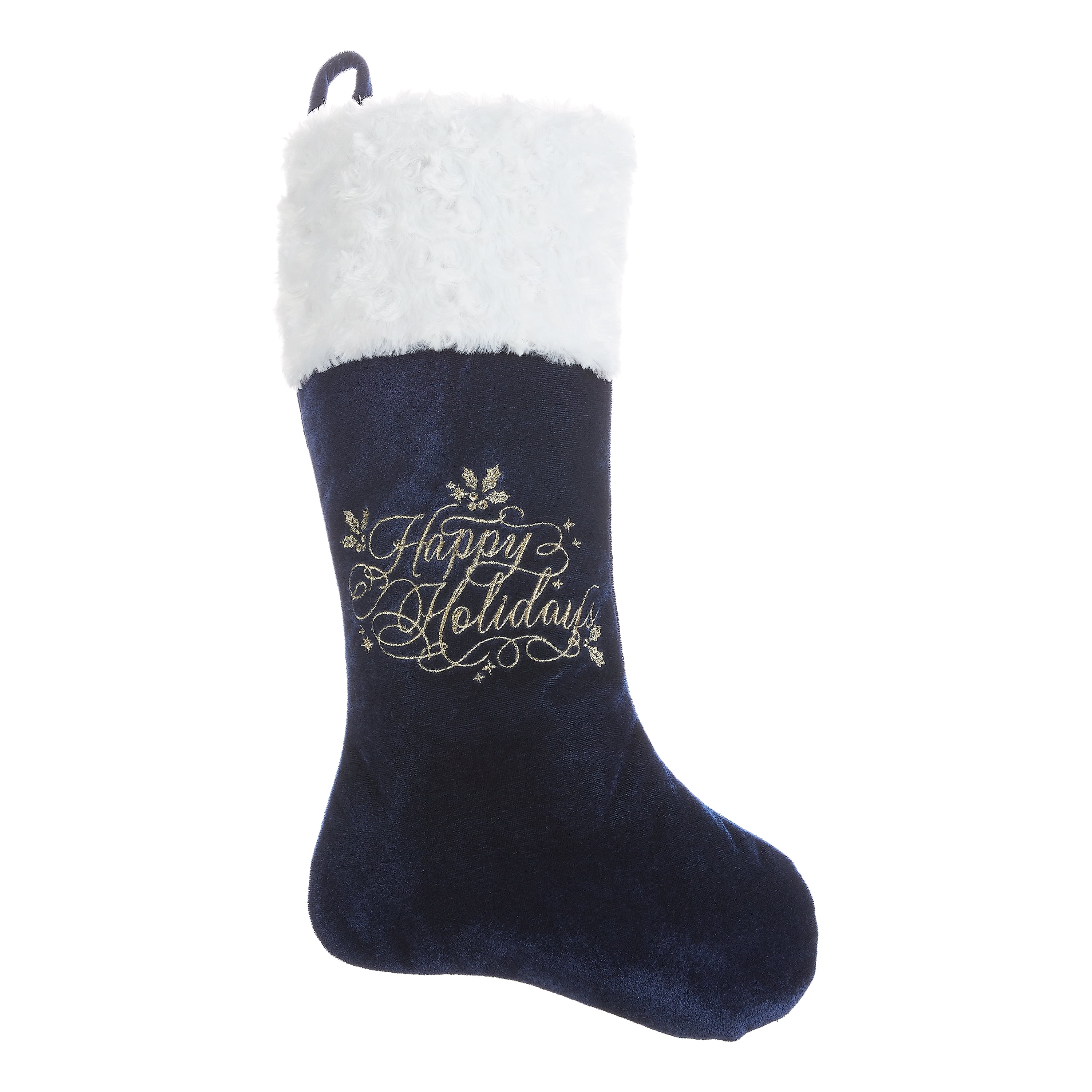 Holiday Time Christmas Decor Happy Holidays Blue Velvet Stocking, 20