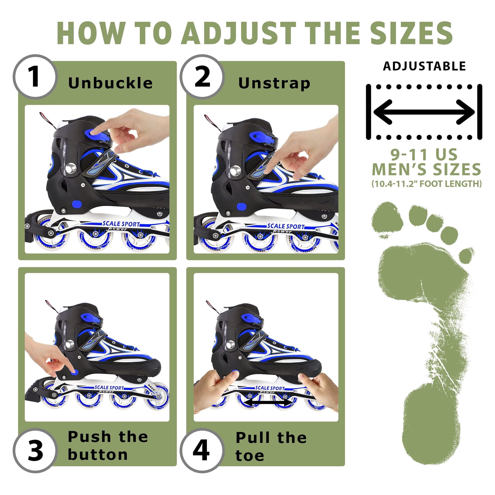 Size 8-11 Adjustable Inline Skates for Adults, Blue