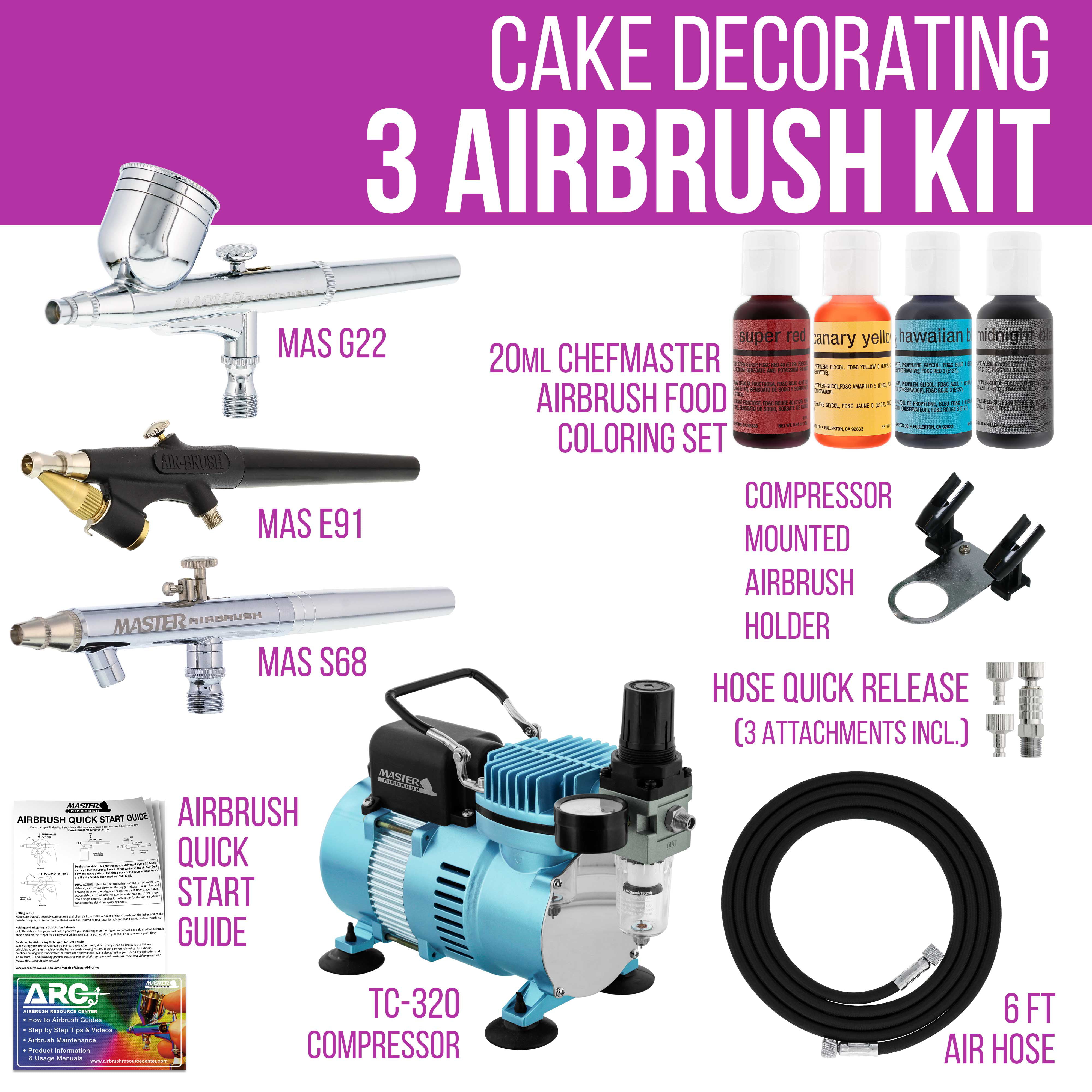 Master Airbrush Cake Decorating Airbrushing System Kit with a Set of 4  Chefmaster Food Colors, Gravity Feed Dual-Action Airbrush, Air Compressor