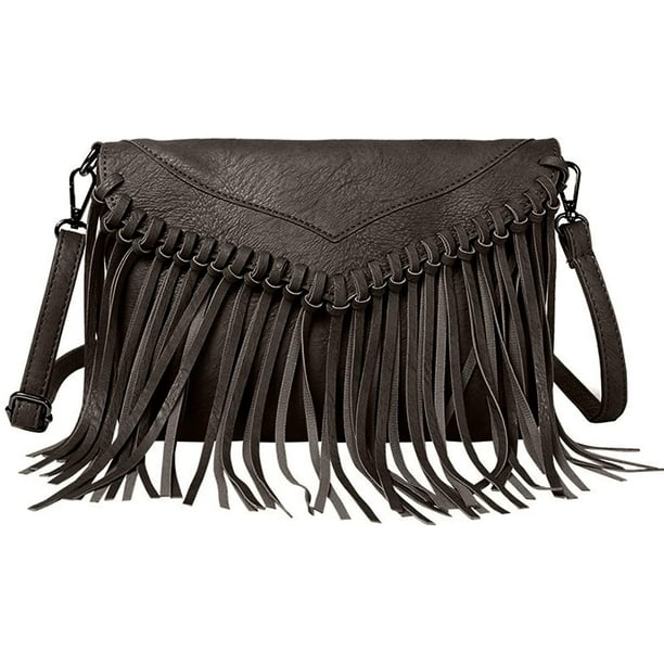 Women PU Leather Hobo Fringe Tassel Cross Body Bag Vintage