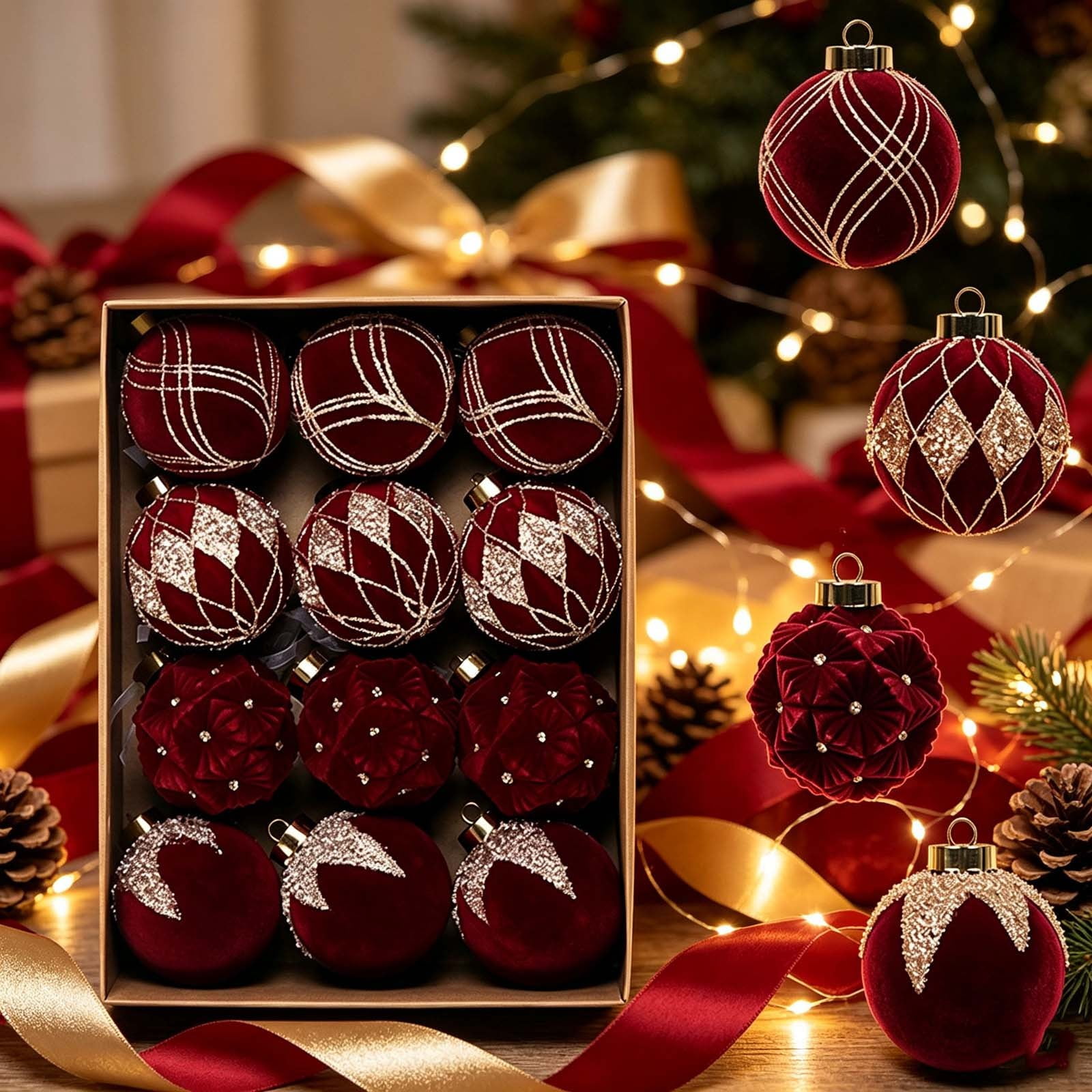 Bklubk Christmas Decoration Ball 12PS Colored Diamond Flocking Christmas Ball Set Christmas Tree Decorations Pendant