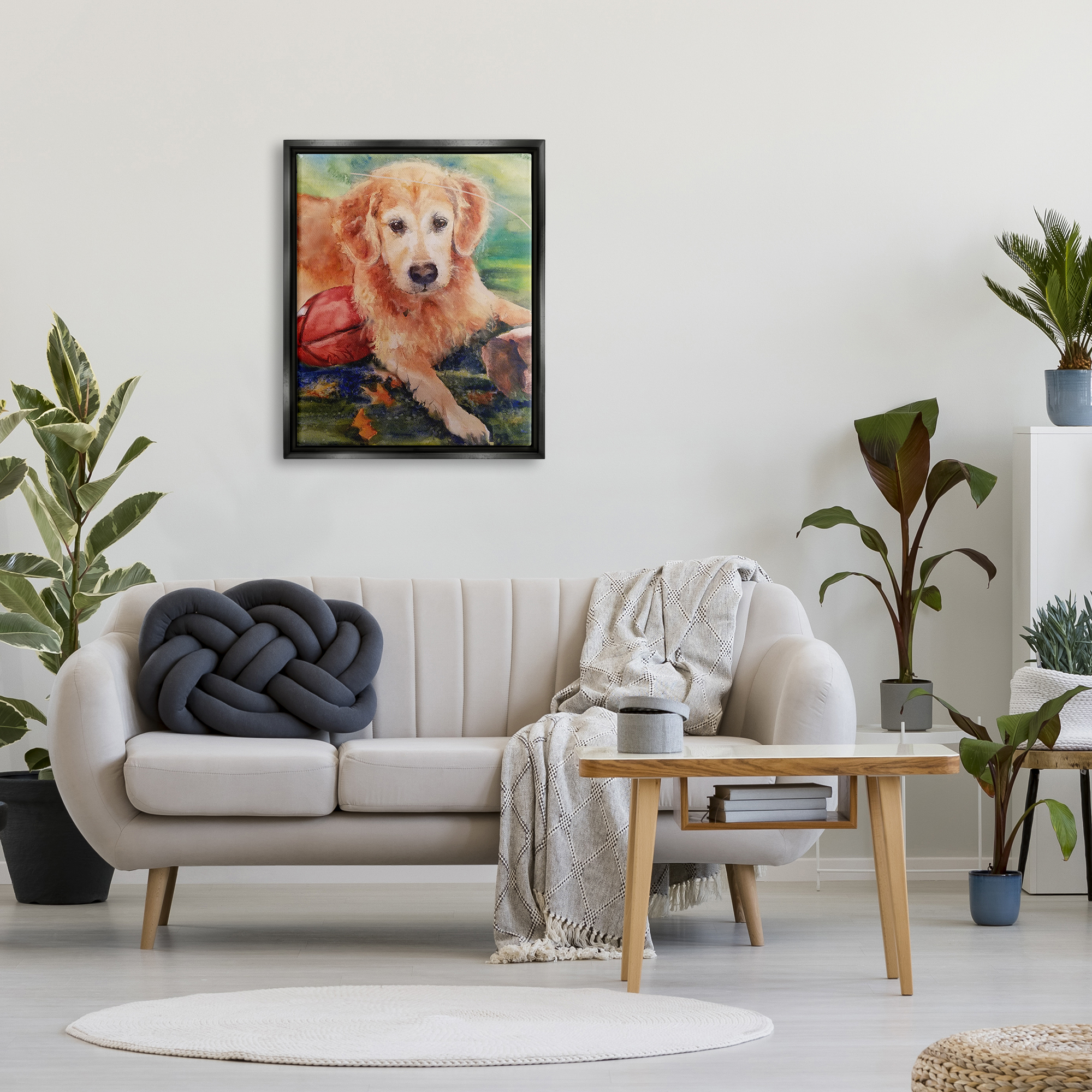 Stupell Industries Retriever Dog with Football Animals & Insects Painting Black Floater Framed Art Print Wall Art, 25 x 31