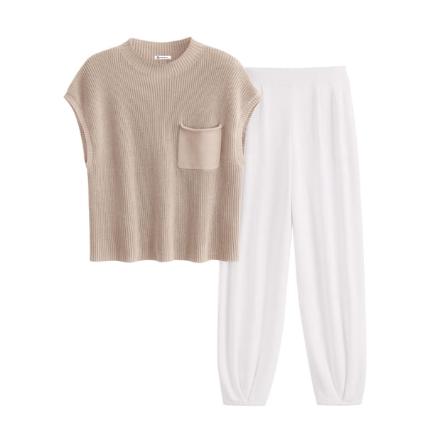 Conjunto Deportivo PRETTYGARDEN para Mujer 2 Piezas de Punto Caqui y Blanco Talla S