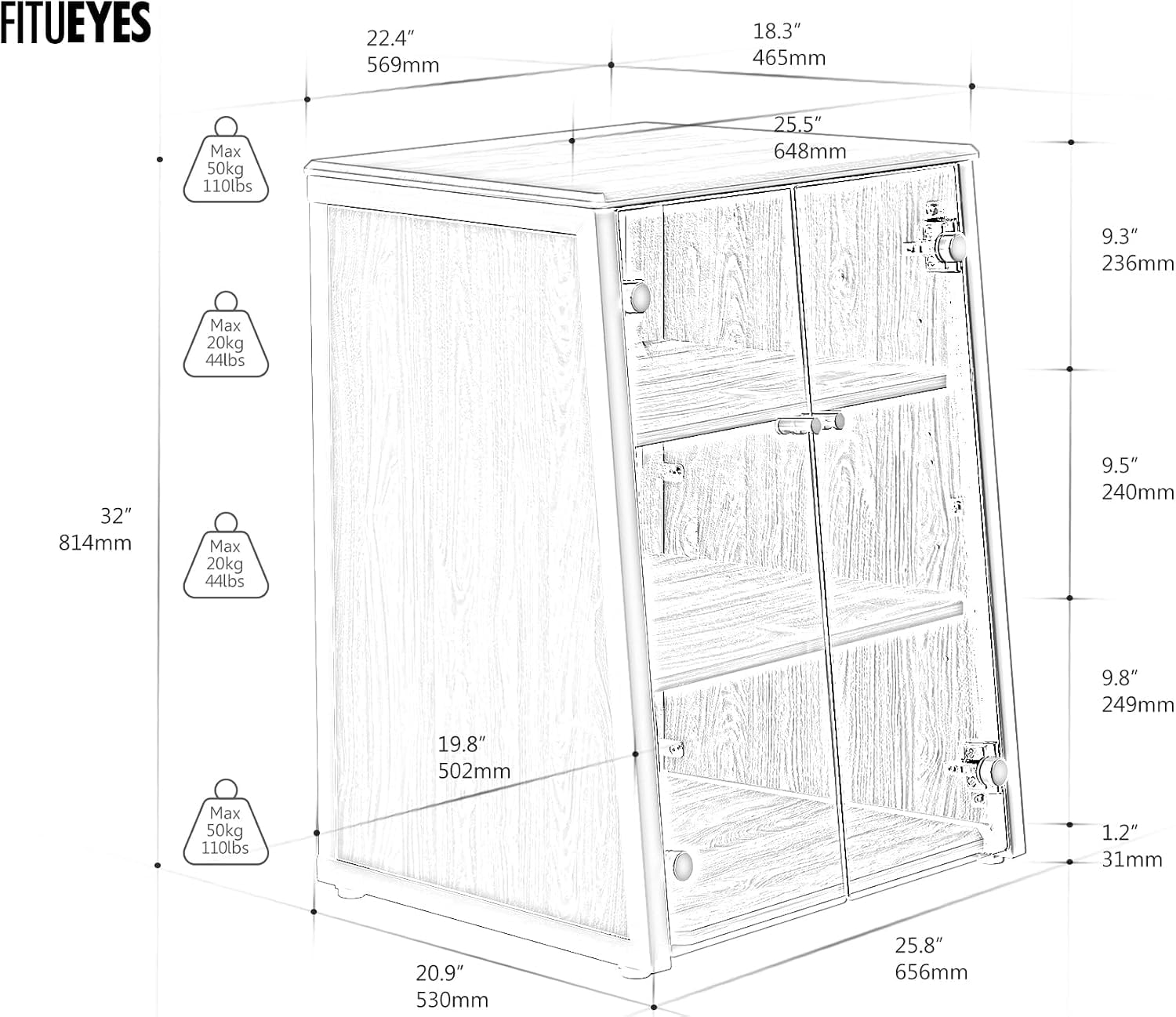 FITUEYES 4-Tier Media Stand with Tempered Glass Doors, Audio Component Cabinet, Dark Wood