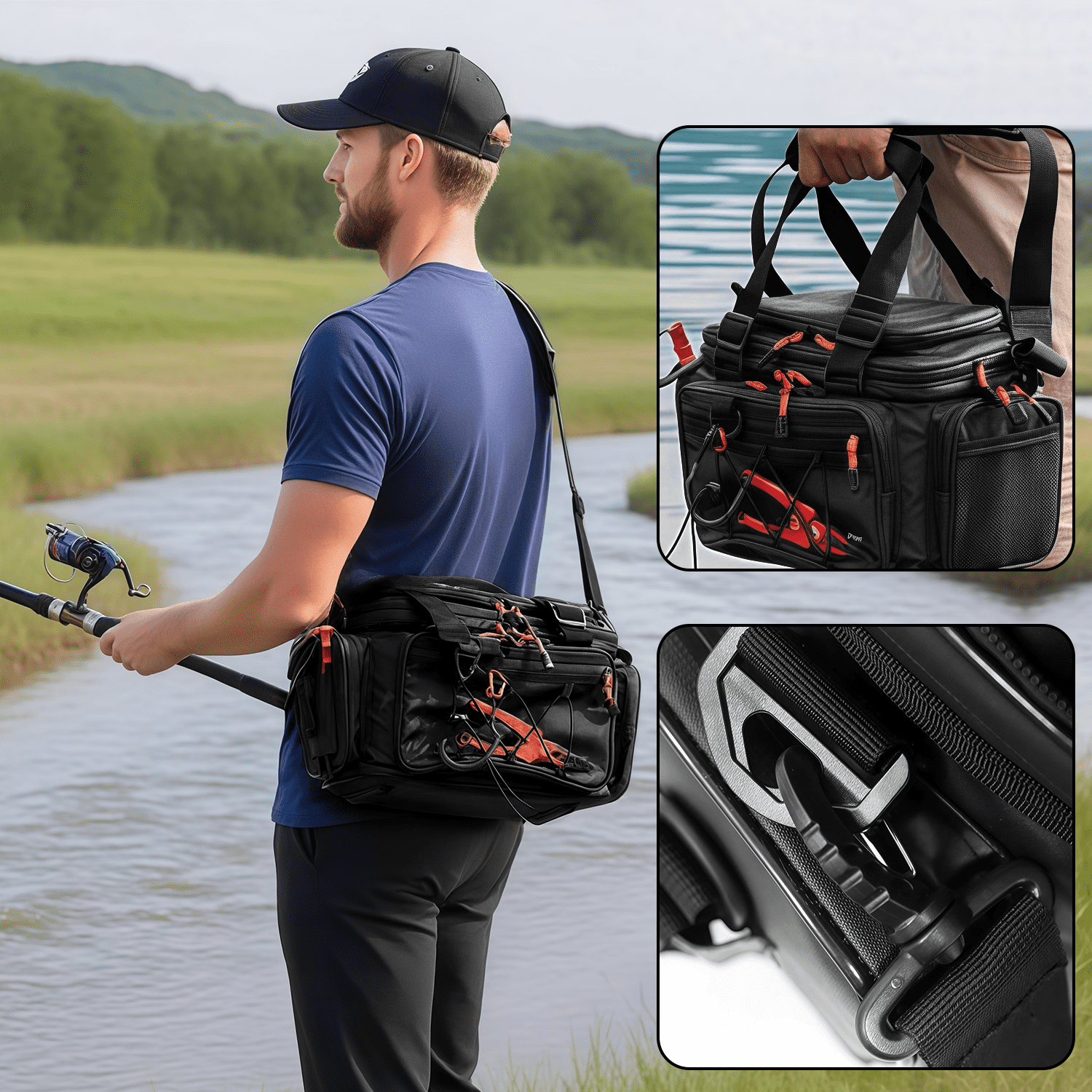 Hard-edged Fishing Tackle Bag, Side Water-Resistant Fishing,  Gear Storage Bag with Waterproof Bottom, Lightweight & Durable for Tackle Box Organizer