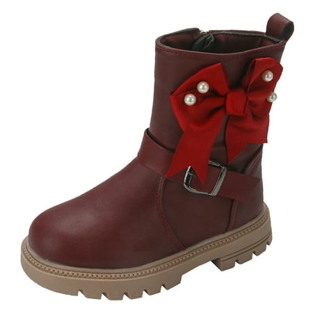

Children Thick Heeled Thick Soled Girls Mid Length Boots Fashionable Pearl Bow Children Short Boots Red