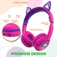 thumbnail image 4 of FosPower Bluetooth Kids Headphones with 3.5mm Audio cable included, LED Light Up Ears, Wireless or Cable Connected Kids Headset (Max 85dB) with USB-C Charging Cable - Hot Pink/Purple, 4 of 7