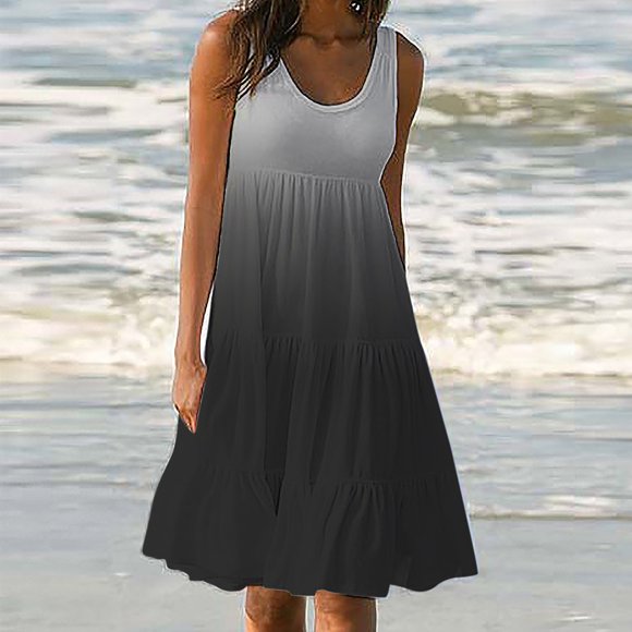 HKEJIAOI Sales Clearance Womens dress Womens Fashion Holiday Summer Gradient Print Sleeveless Party Beach Dress Black