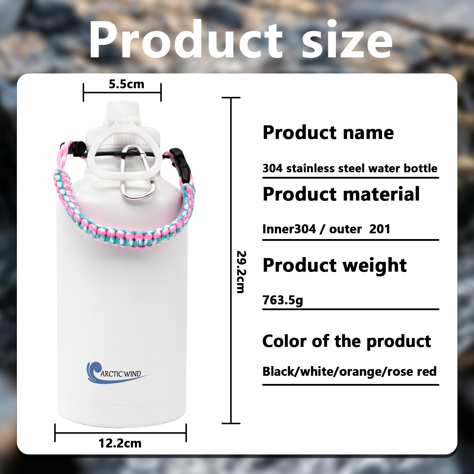 Arcticwind 64 oz Insulated Water Bottle, 304 Stainless Steel Leak Proof & BPA-Free, Half Gallon Water Bottle, Paracord Handle, 64oz Water Bottle Triple Wall Thermal Sweat-Proof Gallon Water Jug