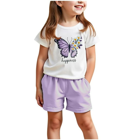 Little Girl Summer Outfits 5/6 Two Piece Cute Clothing Set Cotton Flutter Ruffle Tops 2 PCS Shorts Sets Purple, 4 Y