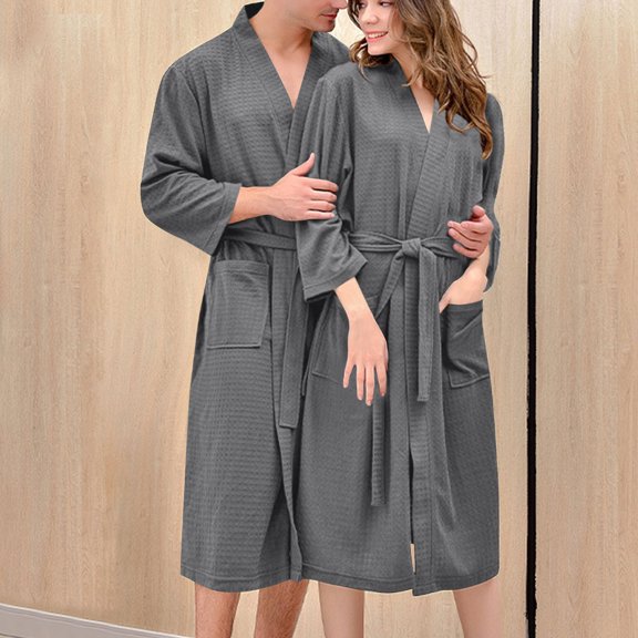 hxobax Bath Robes for Women Waffle Knit Bathrobe Soft Lightweight Knee Length 3/4 Sleeve Kimono Bathrobes Solid Spa Robe Mens Womens Loungewear Pockets Belt Nightwear for Couple,Gray,Medium