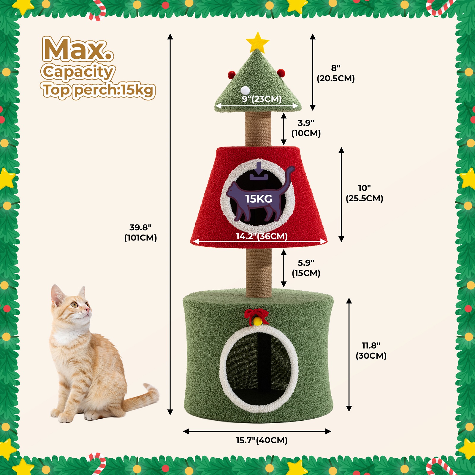 PERIMIDOME 40'' Cat Tree Tower with Scratching Post,Cat Condo for Indoor Cats,Christmas Tree Shaped