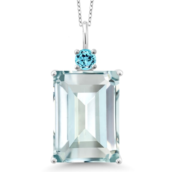 Gem Stone King 925 Sterling Silver Sky Blue Simulated Aquamarine and Swiss Blue Topaz Pendant Necklace for Women (16.16 Cttw, Emerald Cut 18X13MM, With 18 inch Silver Chain)