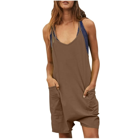 Henpk Jumpsuits For Women Dressy Plus Size Clearance Summer Womens Jumpsuits And Rompers Women'S Scoop Solid Neck Sleeveless Casual Short Jumpsuit Rompers With Pockets Brown XXL