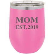 Mom Established Est. 2019 Stainless Steel Engraved Insulated 12 oz Double-Walled Wine Tumbler with Clear Plastic Lid, Pink
