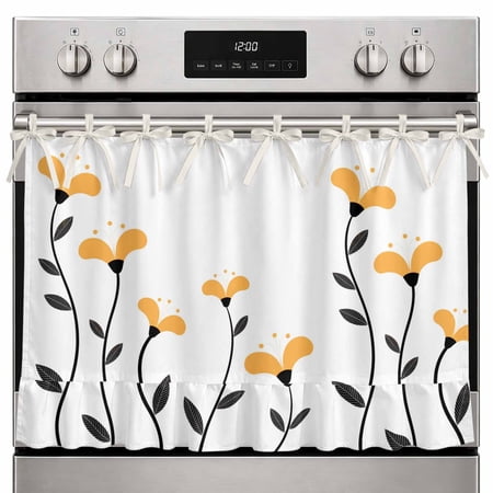 Oven Skirt Curtain Yellow Flowers Oven Curtain with 8 Ribbon Ties & Ruffle Trim Stove Cover Floral Abstract Lines Oven Skirts for Stove Dishwasher Cabinet Over Sinks Kitchen Decor 32x24 Inch