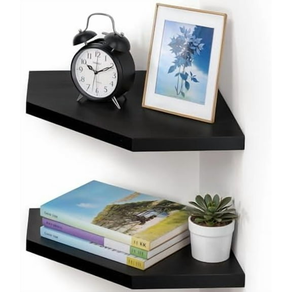 Corner Shelf Wall Mount, Set of 2 Solid Acacia Wood 11.8 x 16.5 inches Floating Corner Shelves, Smooth - Durable - Attractive Corner Shelves for Bedroom Living Room Bathroom Kitchen (Black)