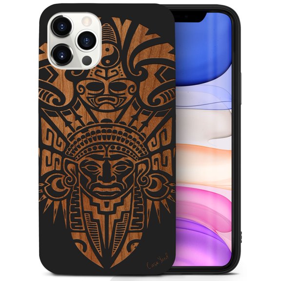 Case Yard Wooden Case for iPhone-12/12-Pro Soft TPU Silicone cover Slim Fit Shockproof Wood Protective Phone Cover for Girls Boys Men and Women Supports Wireless Charging Tribal Indian Mask Design