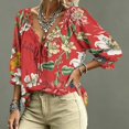 thumbnail image 4 of Womens V Neck 3/4 Sleeve Bohemian Casual Blouses Boho V Neck Lace Shirt Trendy Blouses Drawstring Ruffle 3/4 Sleeve Summer Casual Flowy Tops, 4 of 5