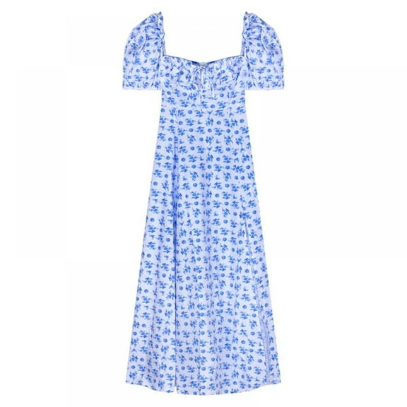 Womens Summer Floral Print Puff Sleeves Vintage Midi Dress