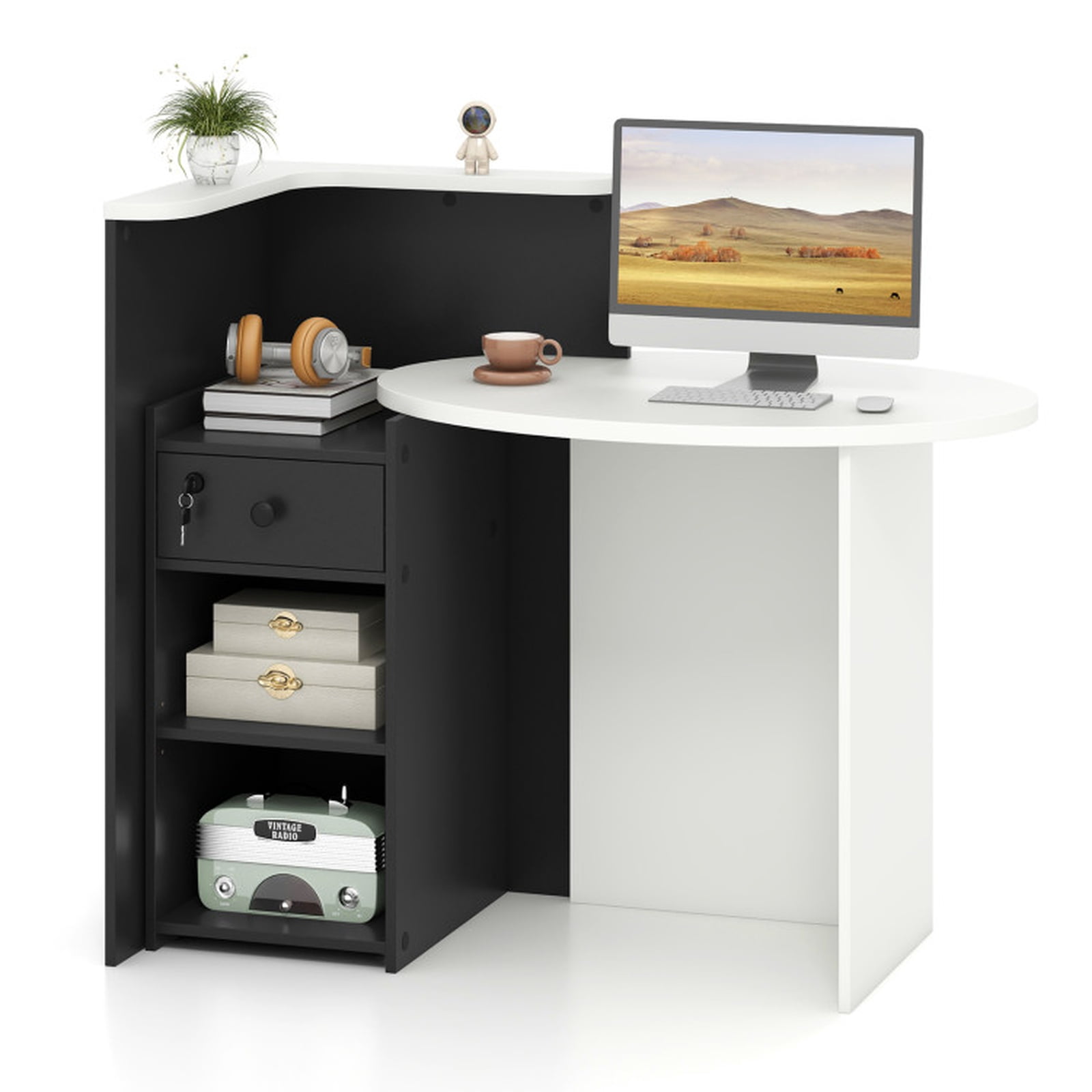 Furnibear Computer Desk Reception Office Desk with Open Shelf and Lockable Drawer, Brushed