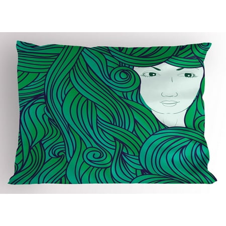 Girls Pillow Sham, Abstract Hand-drawn Illustration of Fantasy Girl with Wavy Curly Hair, Decorative Standard Queen Size Printed Pillowcase, 30 X 20 Inches, Sea Green Navy Blue White, by