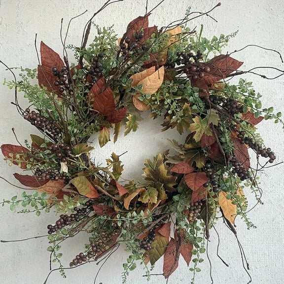 24 Inch Fall Front Door Wreath Burgundy Berry Wreath with Mixed Magnolia Maple Leaves Large Decor on Farmhouse Grapevine for Christmas Celebration Front Door Wall Window Home Decoration