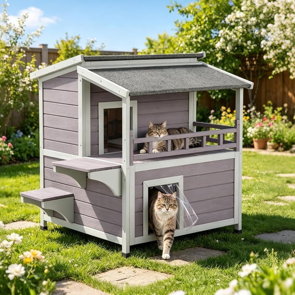 Aivituvin 2-Story Large Cat House for Outdoor Cats, Weatherproof Outdoor Feral Cat Shelter with Jumping Platforms Elevated Wooden Cat Houses for Kitty