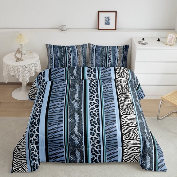 Erosebridal Blue Leopard Print Bedding Sets Queen with Comforter, Wildlife Duvet Insert, Cheepah Zebra Decor, 3pcs