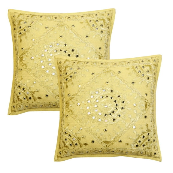 Stylo Culture Indian Decorative Throw Pillow Covers 16 x 16 Hand Embroidered Mustard Yellow Boho 40cm x 40cm Home Decor Cotton Mirrored Square Cushion Covers | Set Of 2