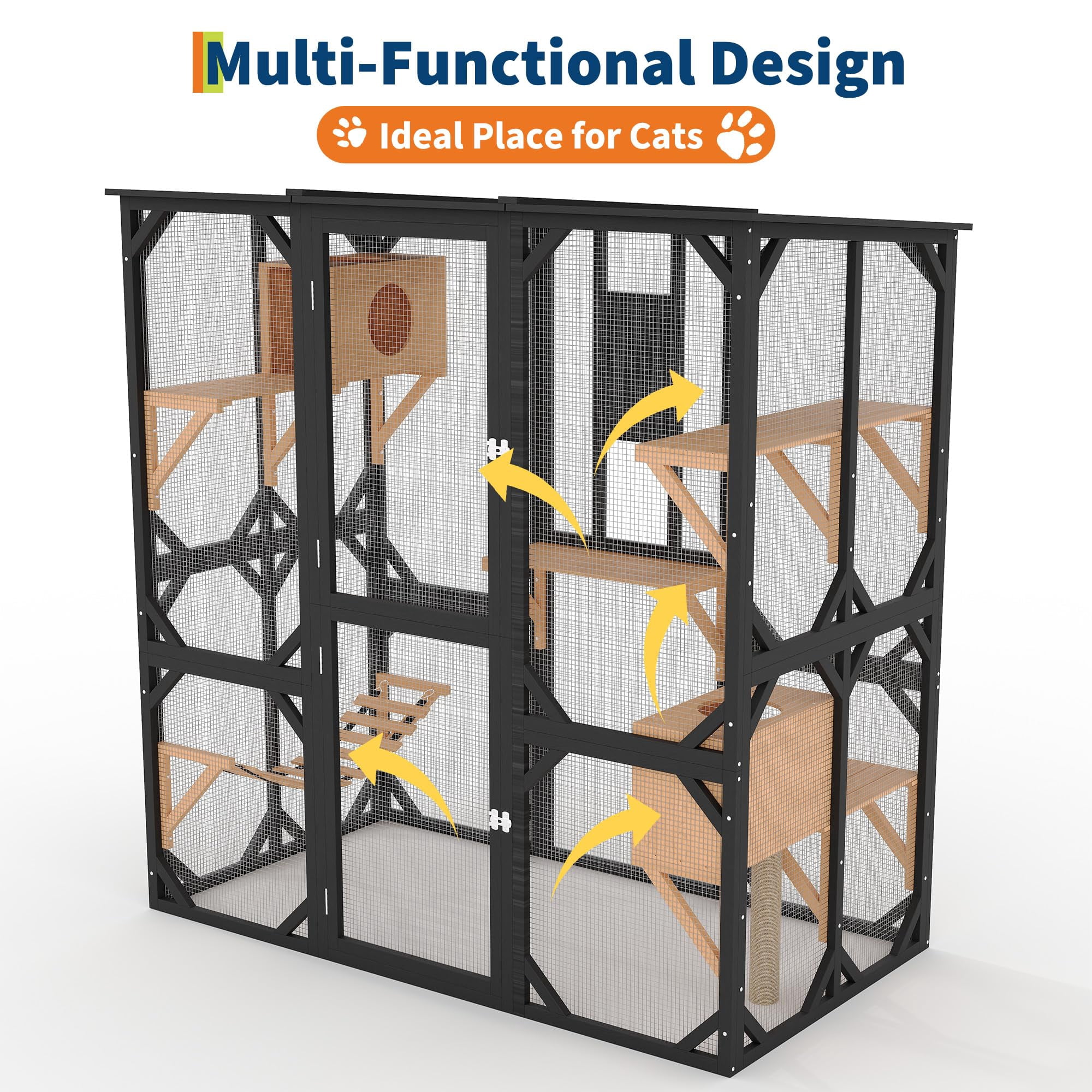 70 inch Walk-in Catio with Window Access, Extra Large Outdoor Cat Enclosure for Multiple Cats, Waterproof Roof Cattery with Bridge and Scratching Post Outside Cat Patio Playpen（ship in 2 boxes）