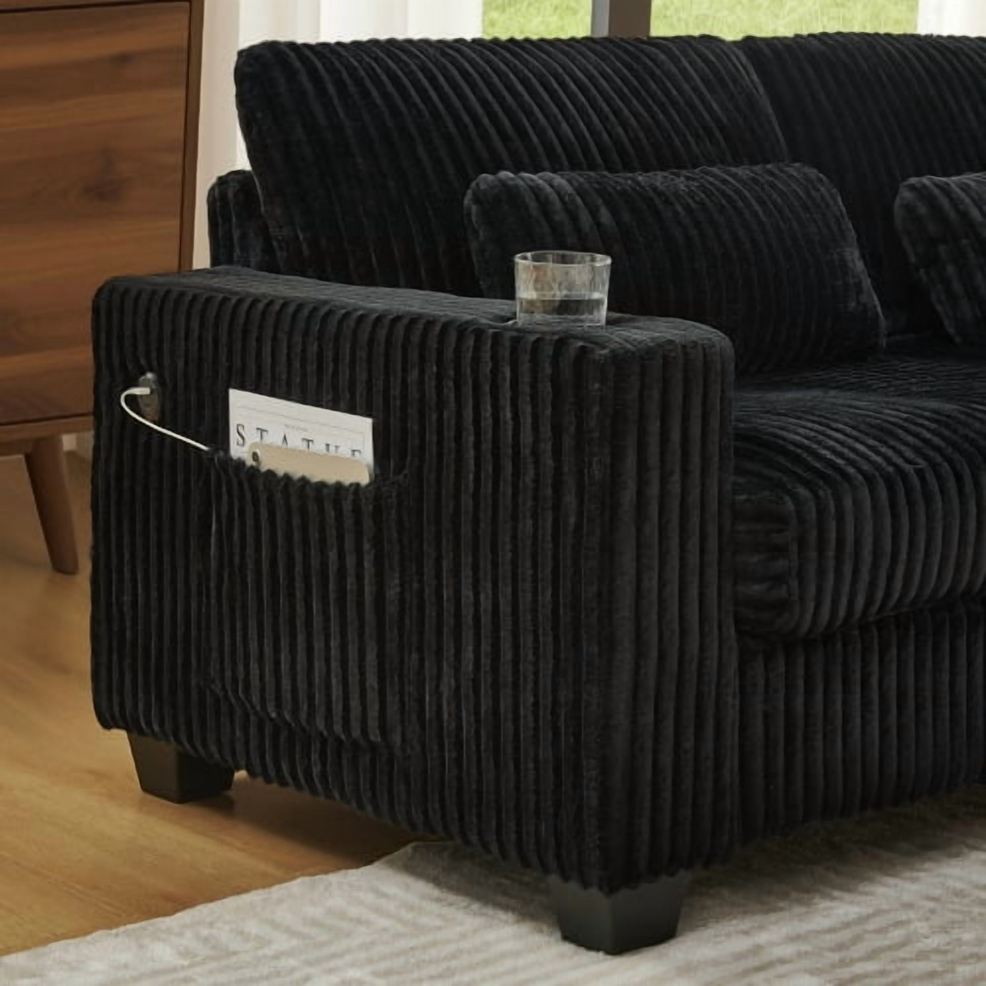 124.5" L-Shaped Corduroy Modular Sectional Sofa with Detachable Ottoman, Storage Armrests, Cup Holders & 4 Lumbar Pillows, Black