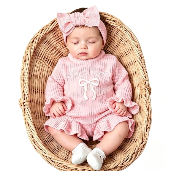 Ylsteed Newborn Embroidery Knitted Ruffle Trim Romper with Bow Headband Soft Sweater Photography Outfit Daily Casual Wear for 0-3 Months Baby Girl Casual Wear