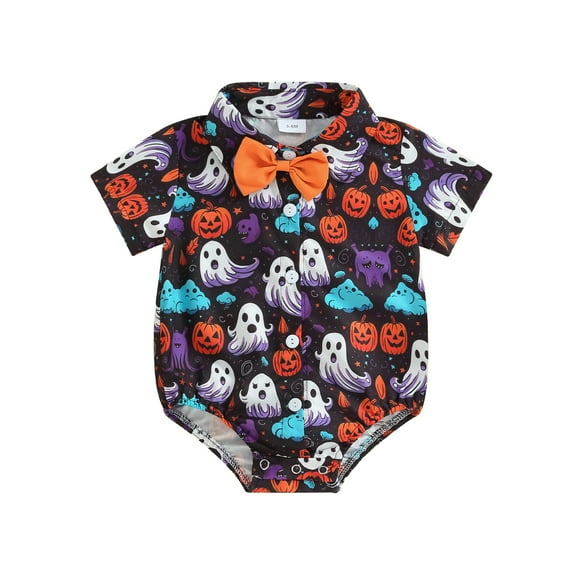 Musuos Baby Boy Halloween Romper 3 6 9 12 18Months PumpkinGhost Print Turn Down Collar Short Sleeve Shirt Jumpsuit Summer Clothes