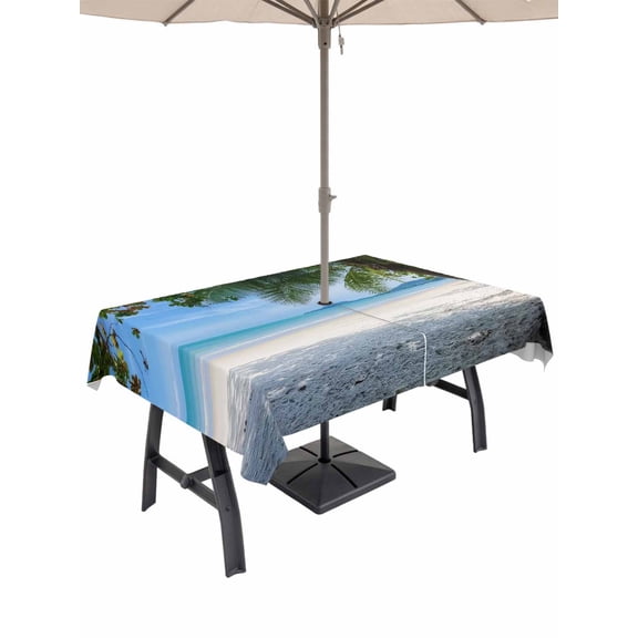 Outdoor Tablecloth with Umbrella Hole and Zipper, Coastal Beach Rectangle Table Cloth 52x70 Inch Waterproof Tablecloth, Summer Ocean Sea Modern Palm Coconut Tree Picnic Table Cover for Patio Camping