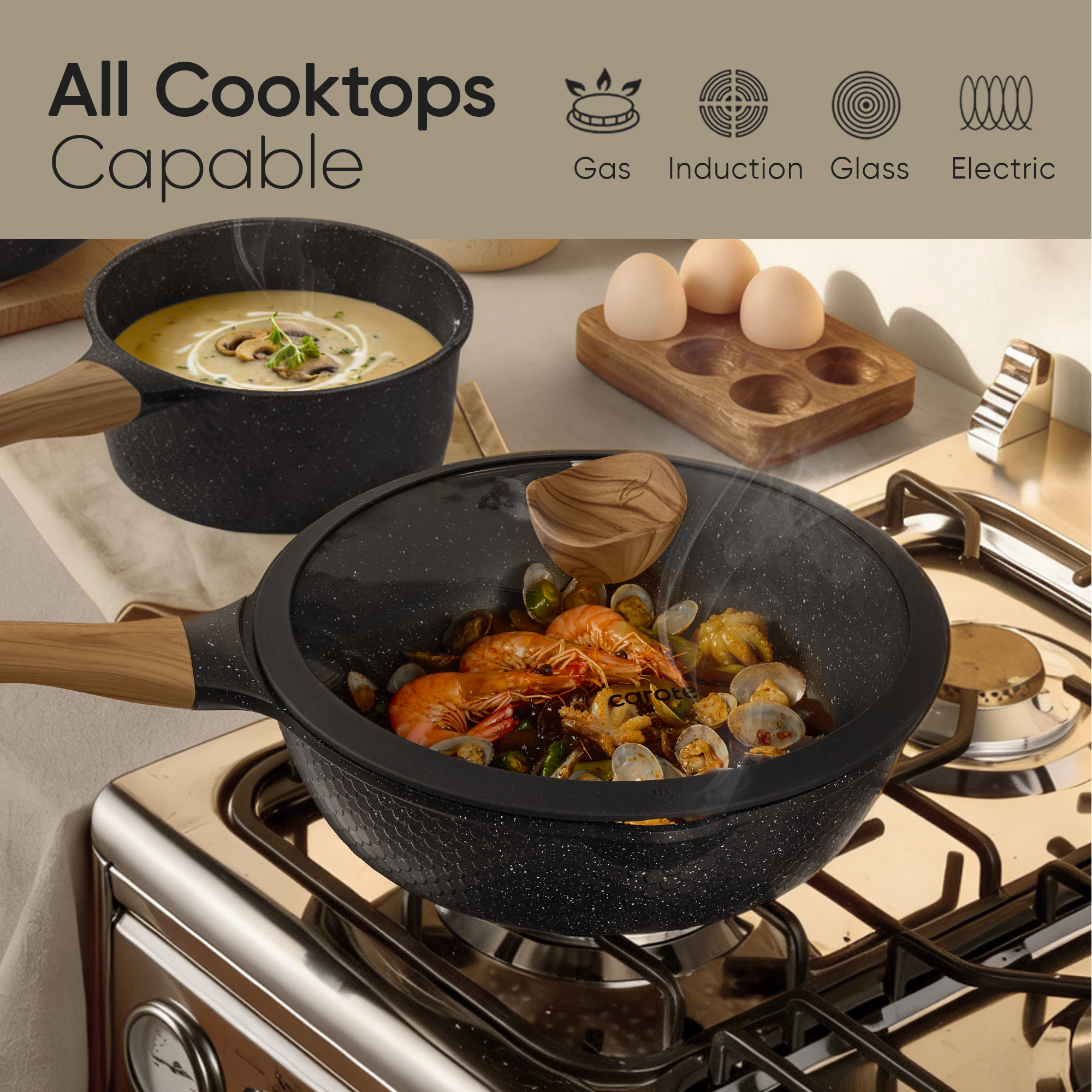 Carote 18-Piece Nonstick Granite Cookware Set, Black photo 2
