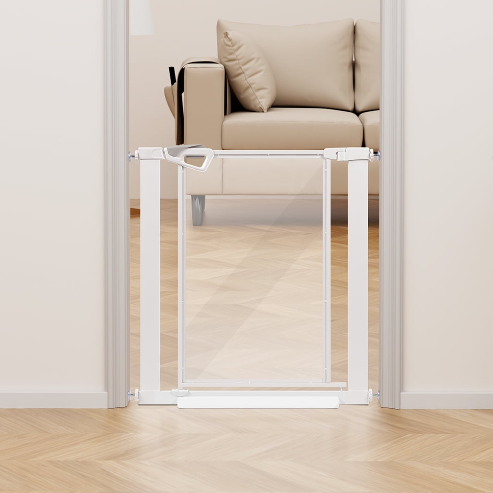 unipaws Clear Dog Gate for Dogs, Walk -Thru Pet Gate for Doorway Stairs , Pressure Mounted, Indoor/Outdoor Use, White
