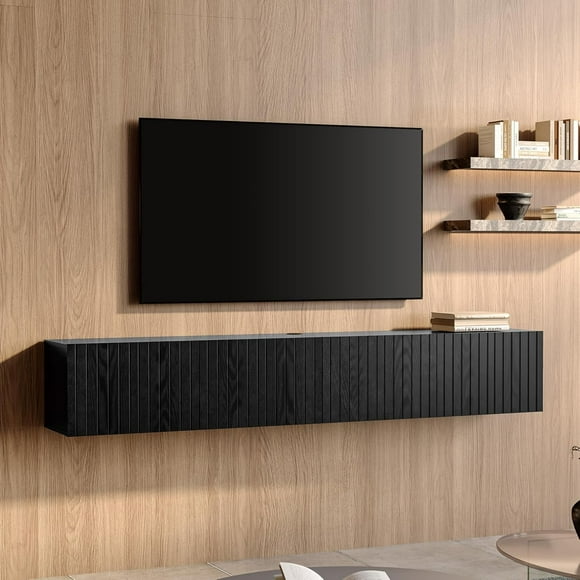 FITUEYES Black Floating TV Shelf Wood Media Entertainment Center,Wall Mounted Shelf with 3 Fluted Doors for TVs up to 80" for Living Room, Bedroom