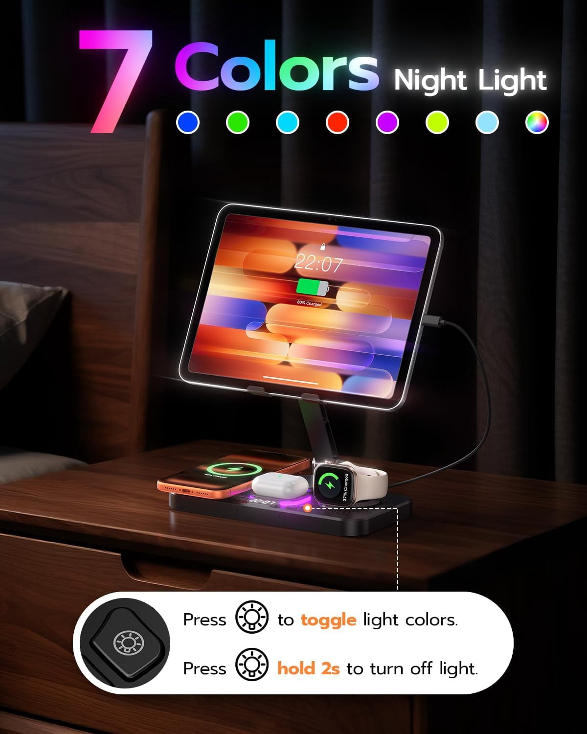 45W 6 in 1 Charging Station for Apple Multiple Devices with Clock & Light, 20W Fast Foldable Wired Charging Stand for iPad/Tab, Wireless Charger Design for MagSafe Charger for iPhone 17/iWatch
