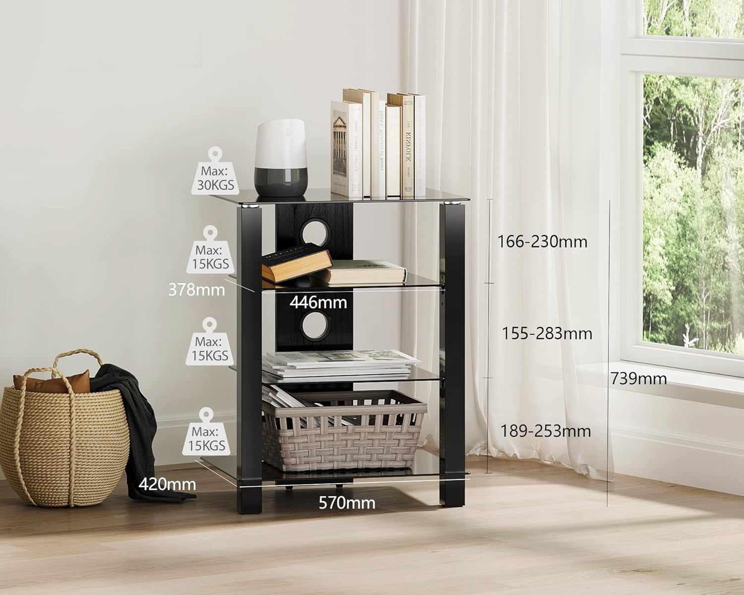FITUEYES 4-Tier AV Media Cabinet with Tempered Glass Shelves, Black