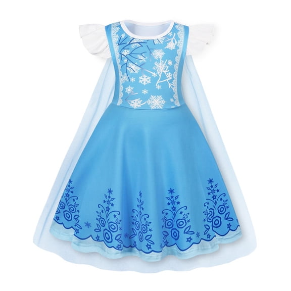 Benylion Princess Dress With Cape for Girls Blue Christmas Birthday Party Cosplay Costume Toddler Ruffle Sleeve Fancy Outfit Gift for 5-6 Years