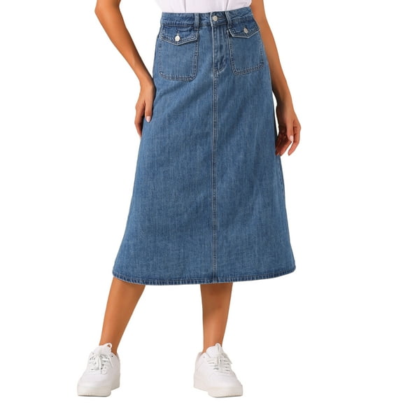 DARING DIVA Women's High Waisted Flap Pocket A-Line Vintage Denim Maxi Skirt XL Light Blue