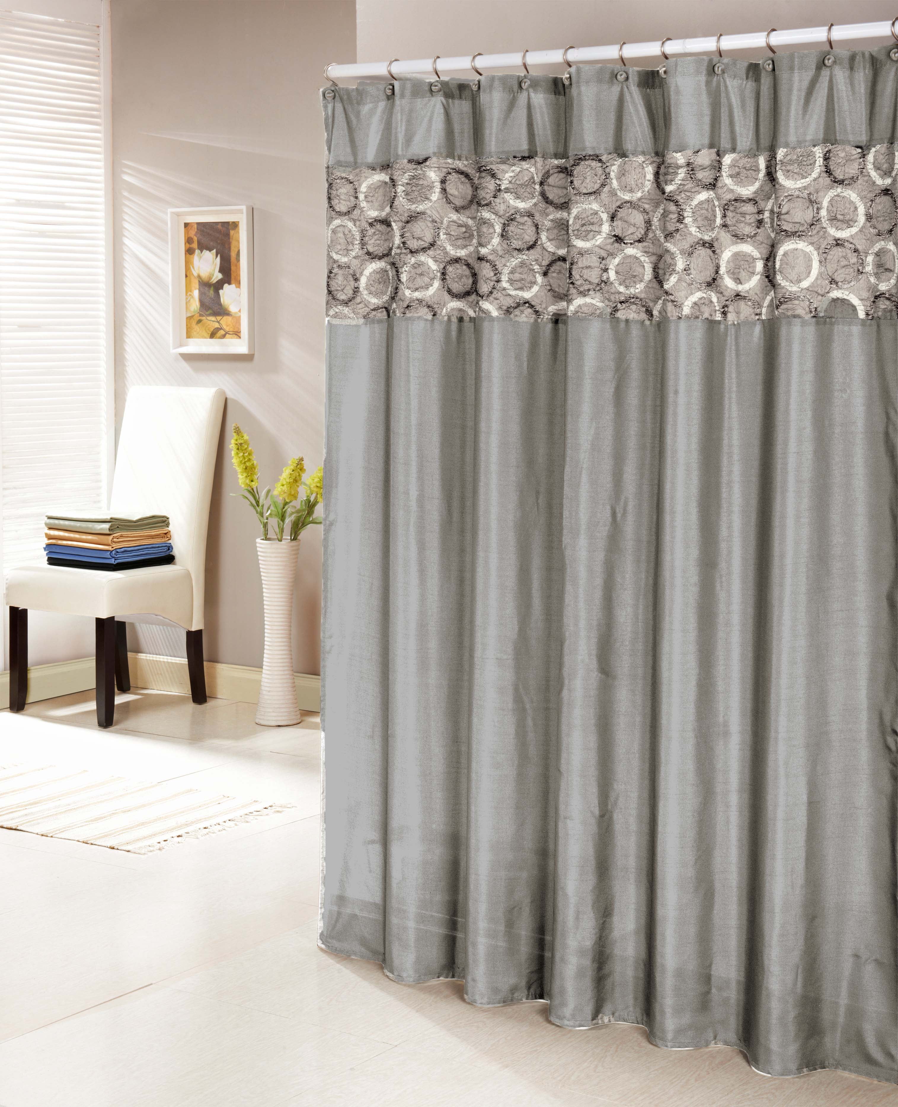 Silver Gray Faux Silk Shower Curtain with 14" Textured and Circle