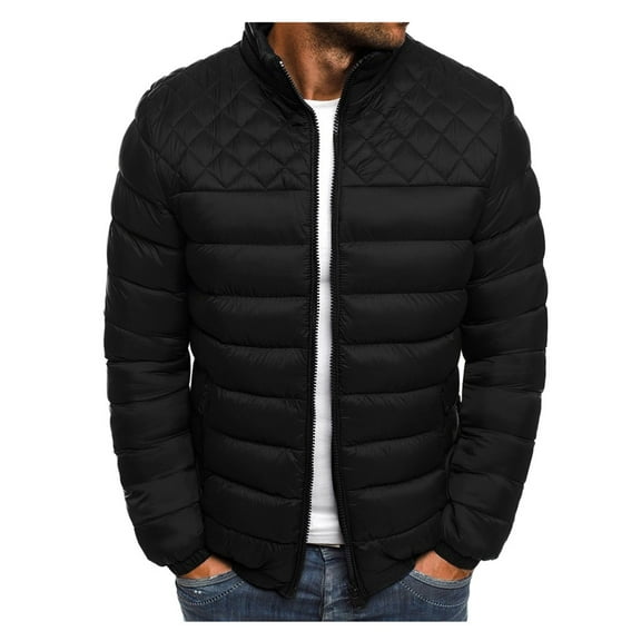 IYTR Mens Winter Jacket Solid Color Comfy Keep Warm Down Jacket with Pocket Long Sleeve Jacket Zipper Stand-Up Collar Black L