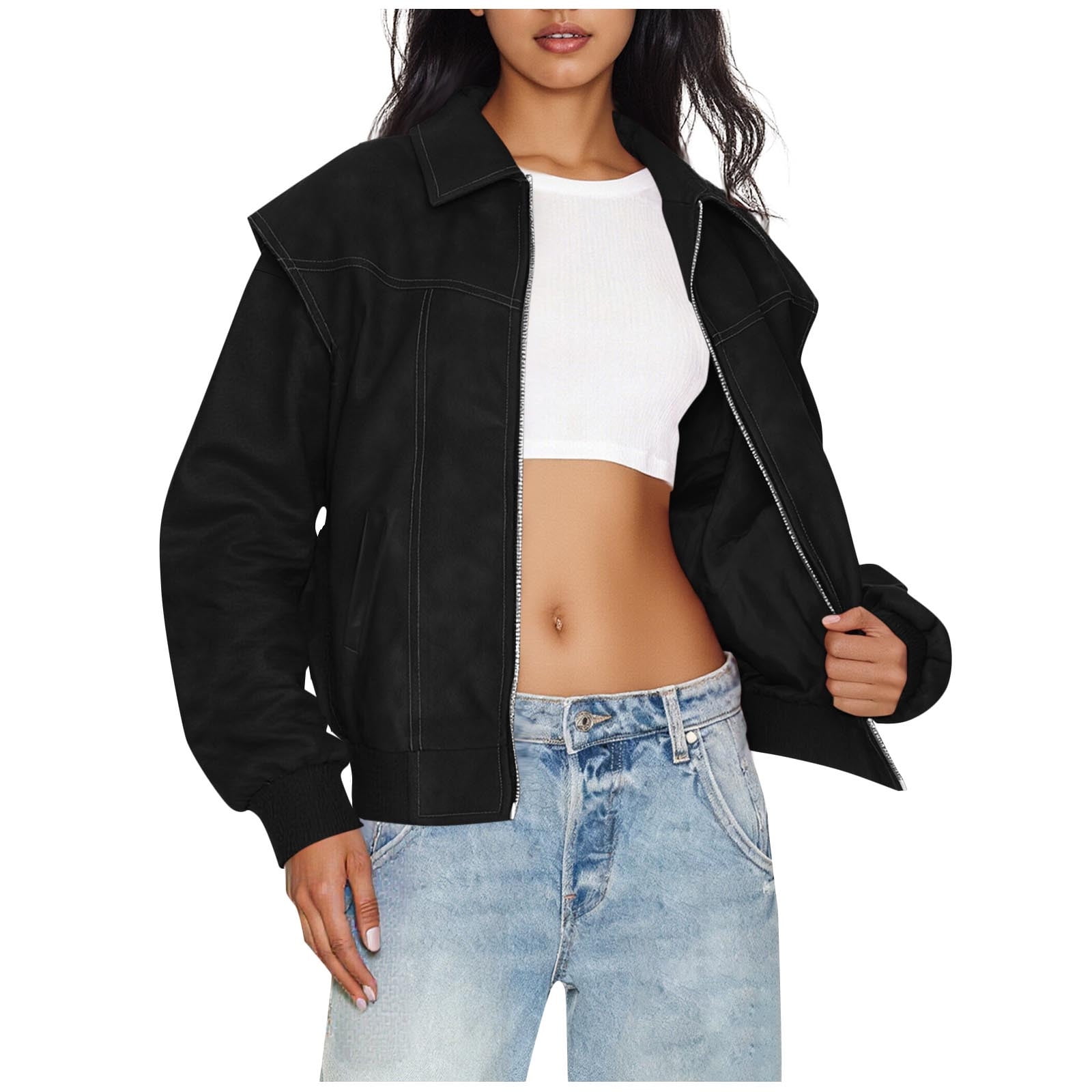 IROINNID Women's Faux Leather Jacket Long Sleeve Front Zip Pocket Biker Moto Jacket