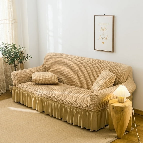 Mictong integrated sofa cover with pleated ruffle hem skirt, washable, highly elastic and durable, furniture protective cover, three seater sofa, Beige, 1 piece