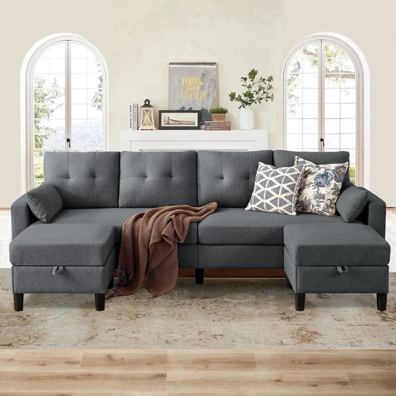 Soscana 101" Sectional Sofa with 2 Storage Ottoman,U Shaped 4 Seat Couch with Reversible Footstool and Side Pockets,Modern Convertible Sofa Couch for Living Room Home Apartment Office Studio