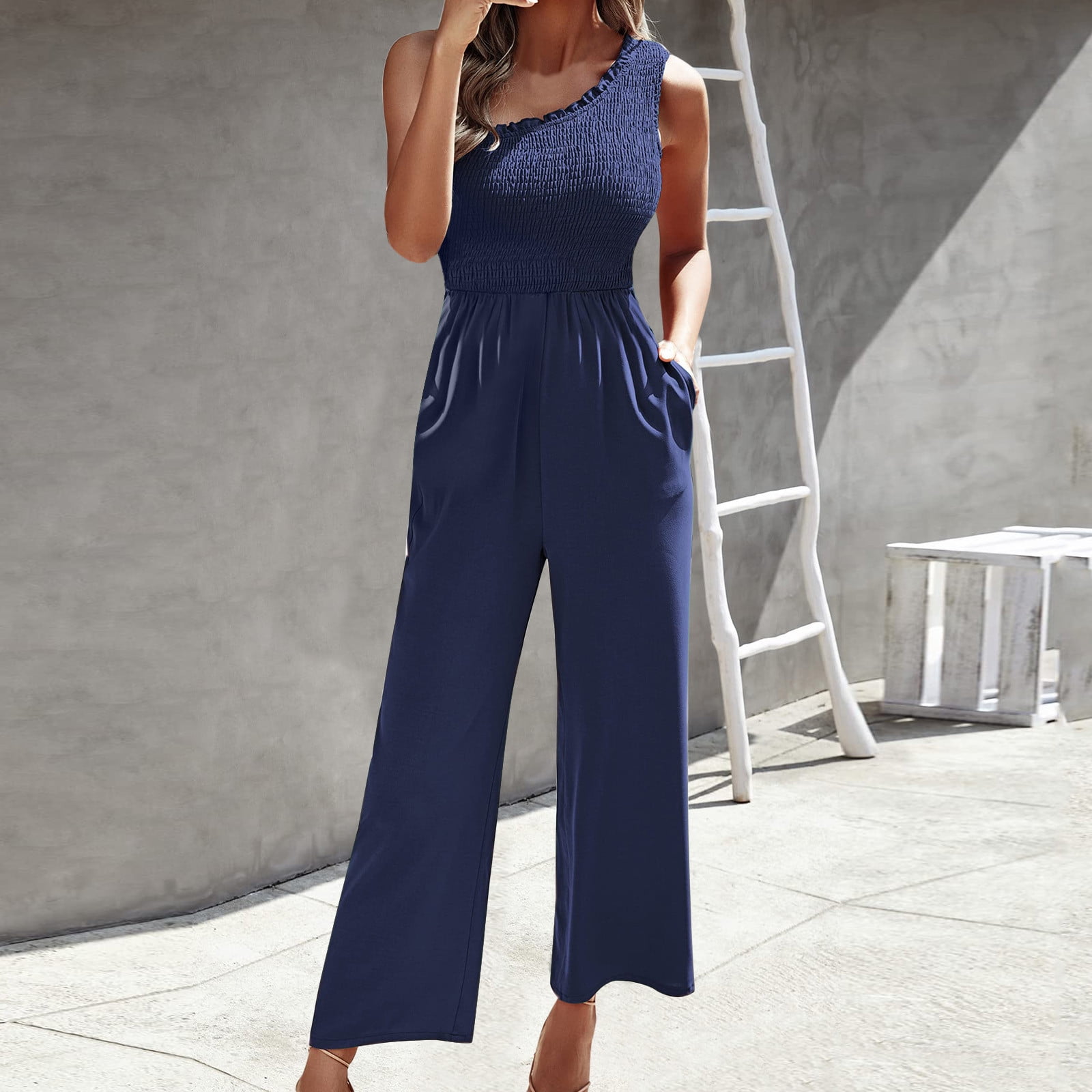 Womens Casual Short Sleeve Jumpsuit Rompers Striped Print Elegant Wrap Loose Palazzo Cropped Pants Soft Breathable Summer Lounge Playsuit Beachwear 