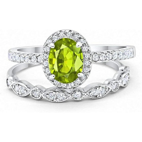 Divine Creation 14K White Gold Plated 2.10 Ct Oval Cut Green Peridot Wedding Engagement Halo Bridal Ring Set 925 Sterling Silver For Women's -5