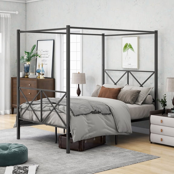 BARONAGE Metal Canopy Bed Frame, Platform Bed Frame Full with X Shaped Frame Full Black